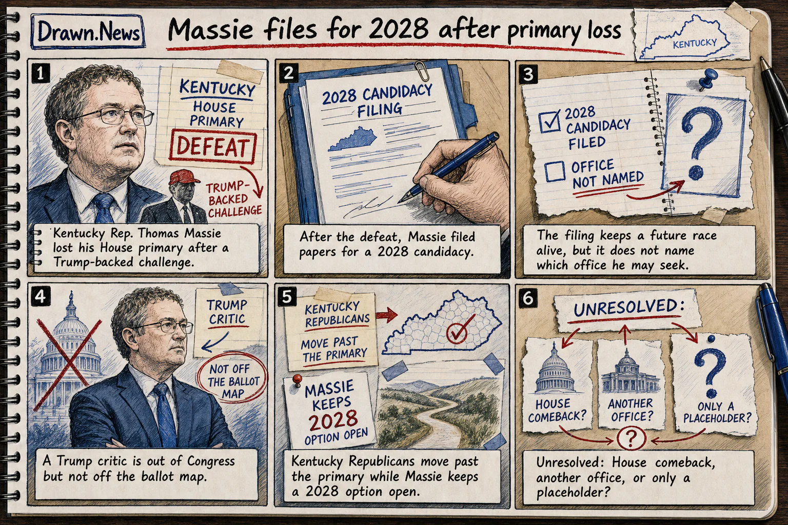 Drawn.News visual brief: Massie files to run in 2028 after losing House primary