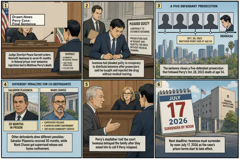 Drawn.News visual brief: Matthew Perry’s Assistant, Kenneth Iwamasa, Sentenced to More Than 3 Years in Prison