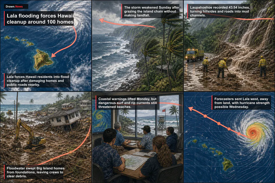 Drawn.News visual u.s. & politics: Lala flooding forces Hawaii cleanup around 100 homes