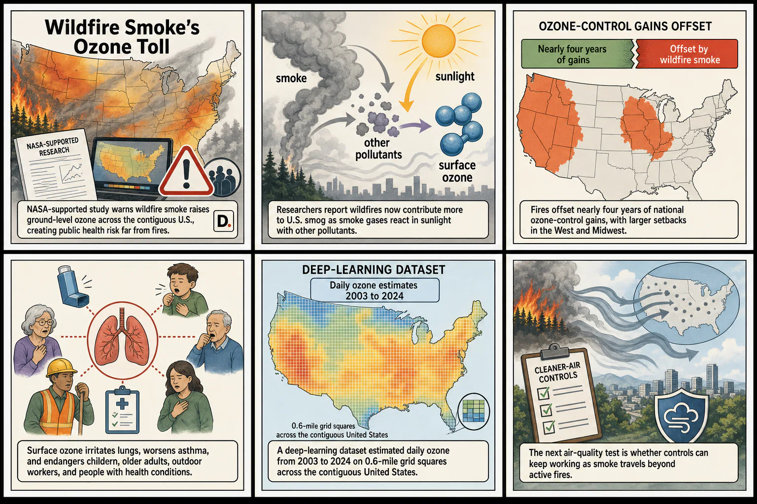 Drawn.News visual brief: NASA-Funded Study Shows Wildfire Smoke’s Hidden Ozone Toll