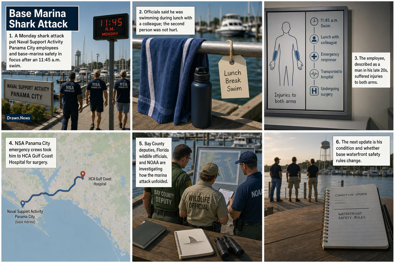 Drawn.News visual brief: Navy base employee in critical condition after shark attack in Florida