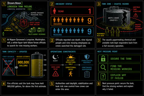 Drawn.News visual brief: Nine Workers Missing After Tank Implosion at Paper Mill in Washington