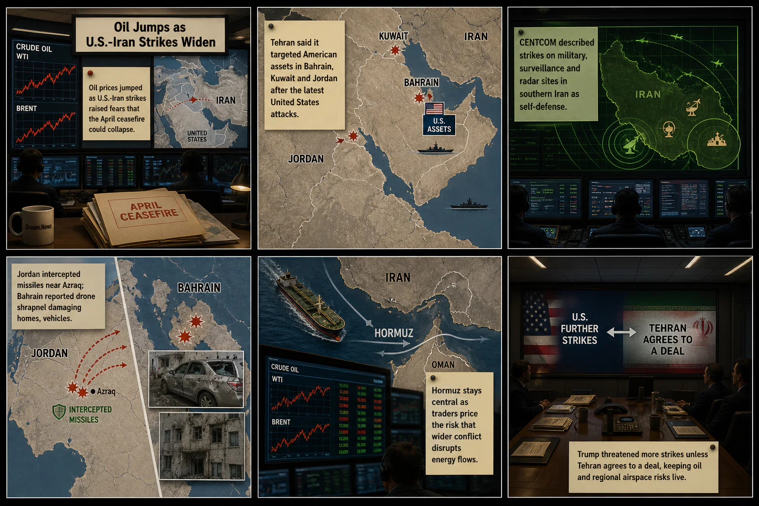 Drawn.News visual brief: Oil Jumps as U.S.-Iran Strikes Widen