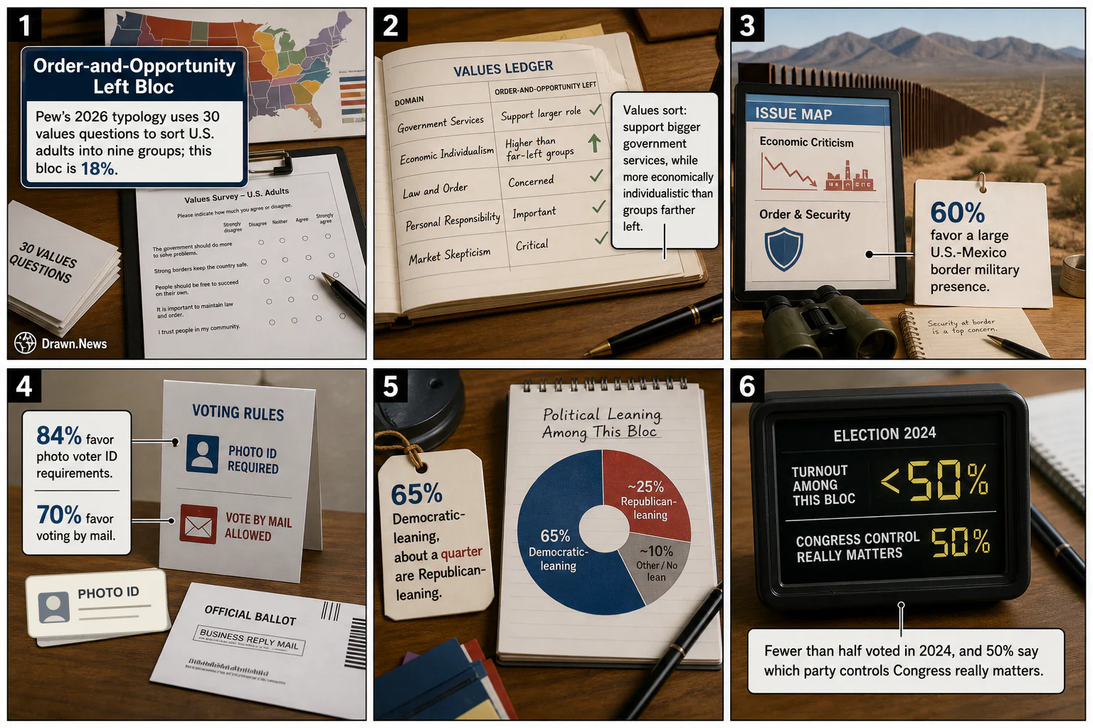 Drawn.News visual brief: Pew's Order-and-Opportunity Left Bloc