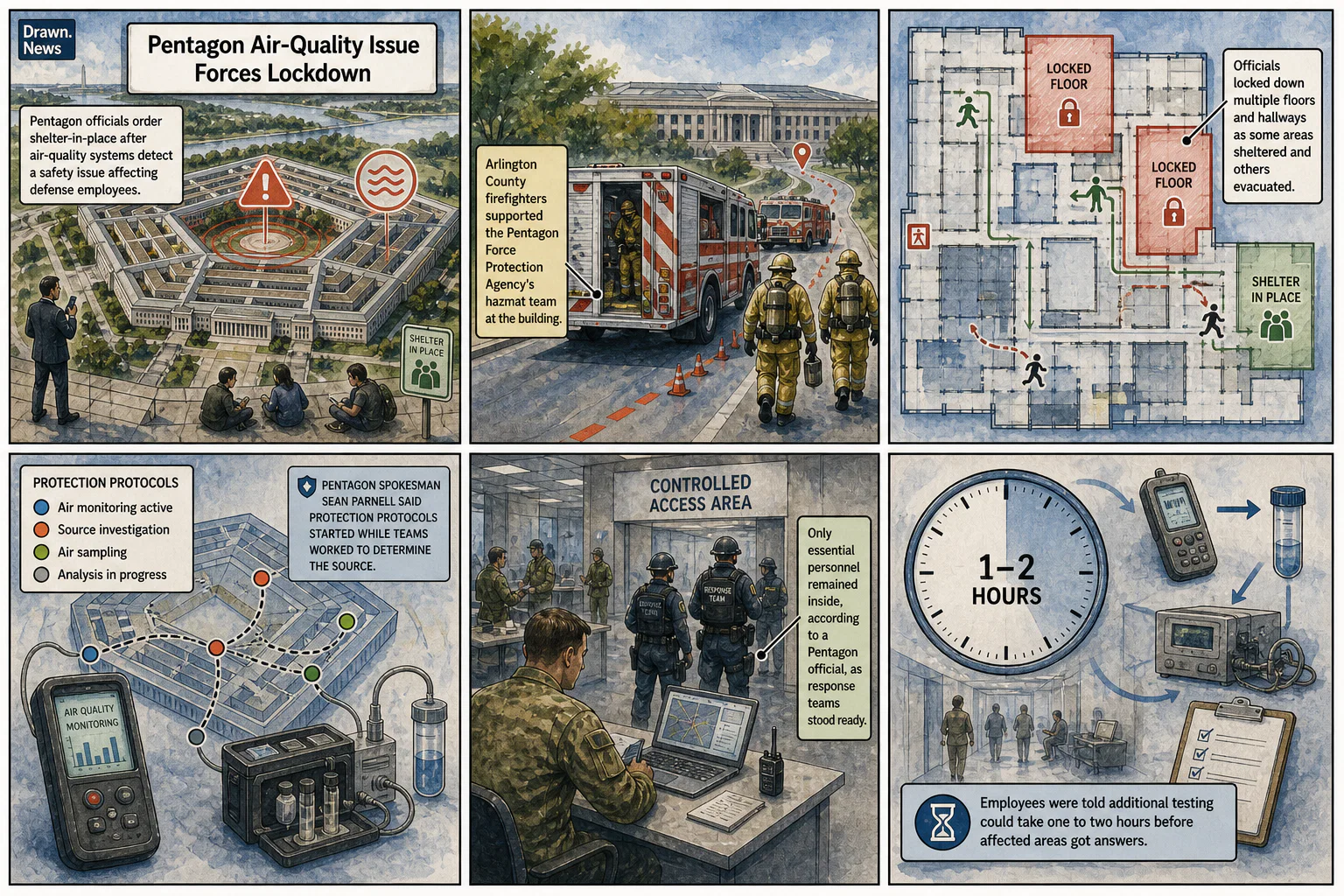 Drawn.News visual brief: Pentagon Air-Quality Issue Forces Shelter-In-Place