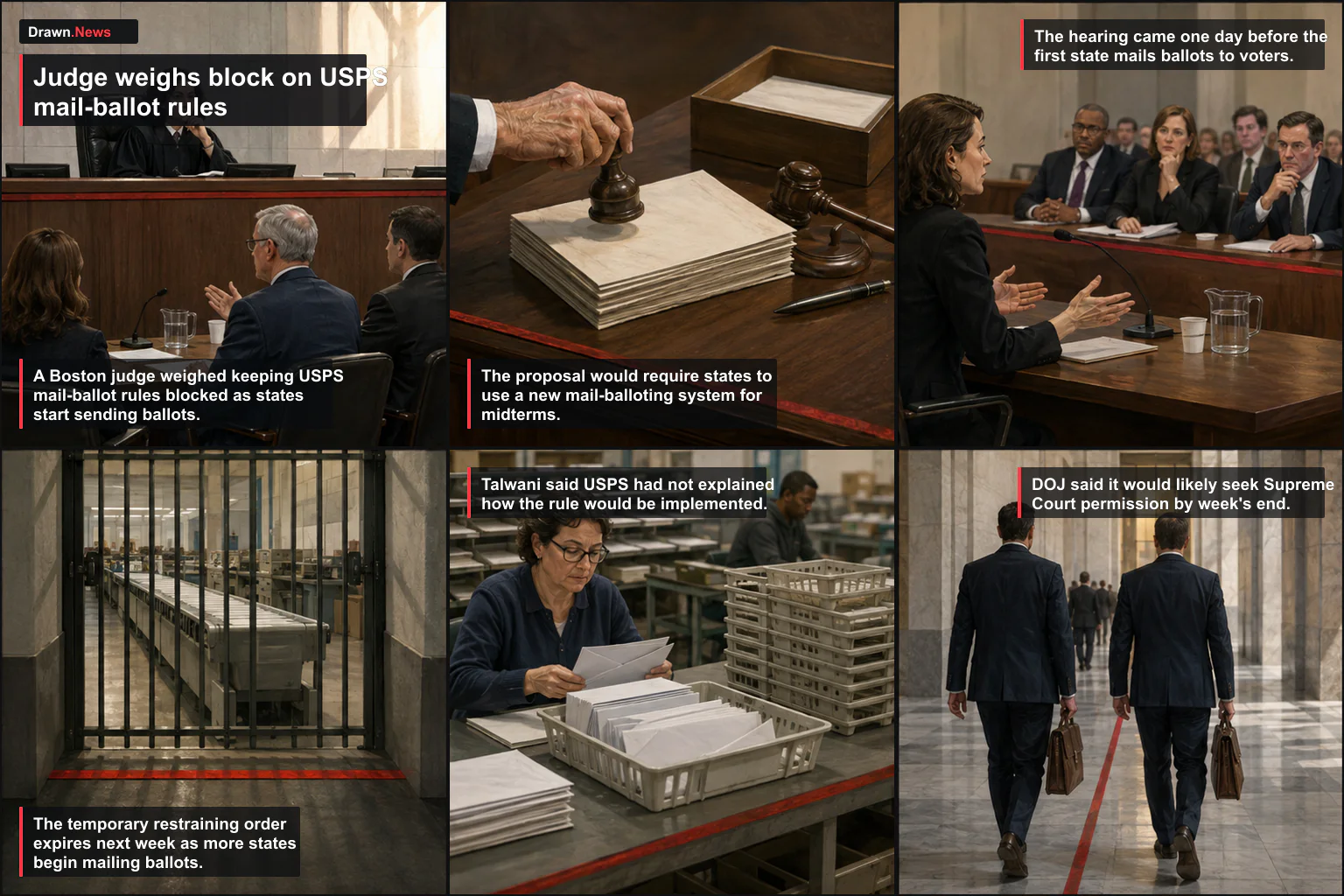 Drawn.News visual brief: Judge weighs block on USPS mail-ballot rules as voting starts