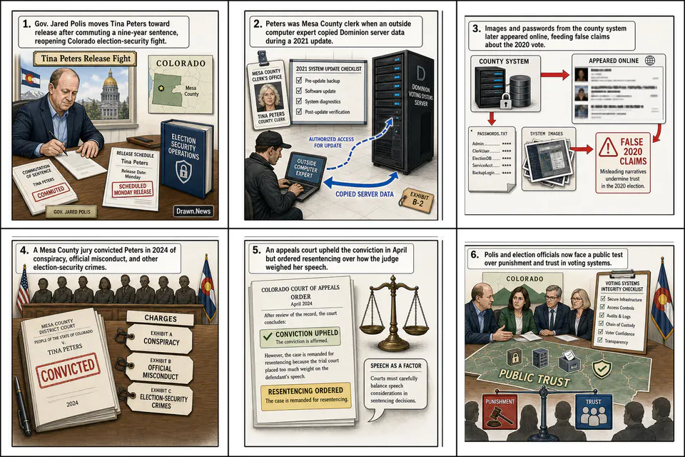 Drawn.News visual brief: Tina Peters Release Fight