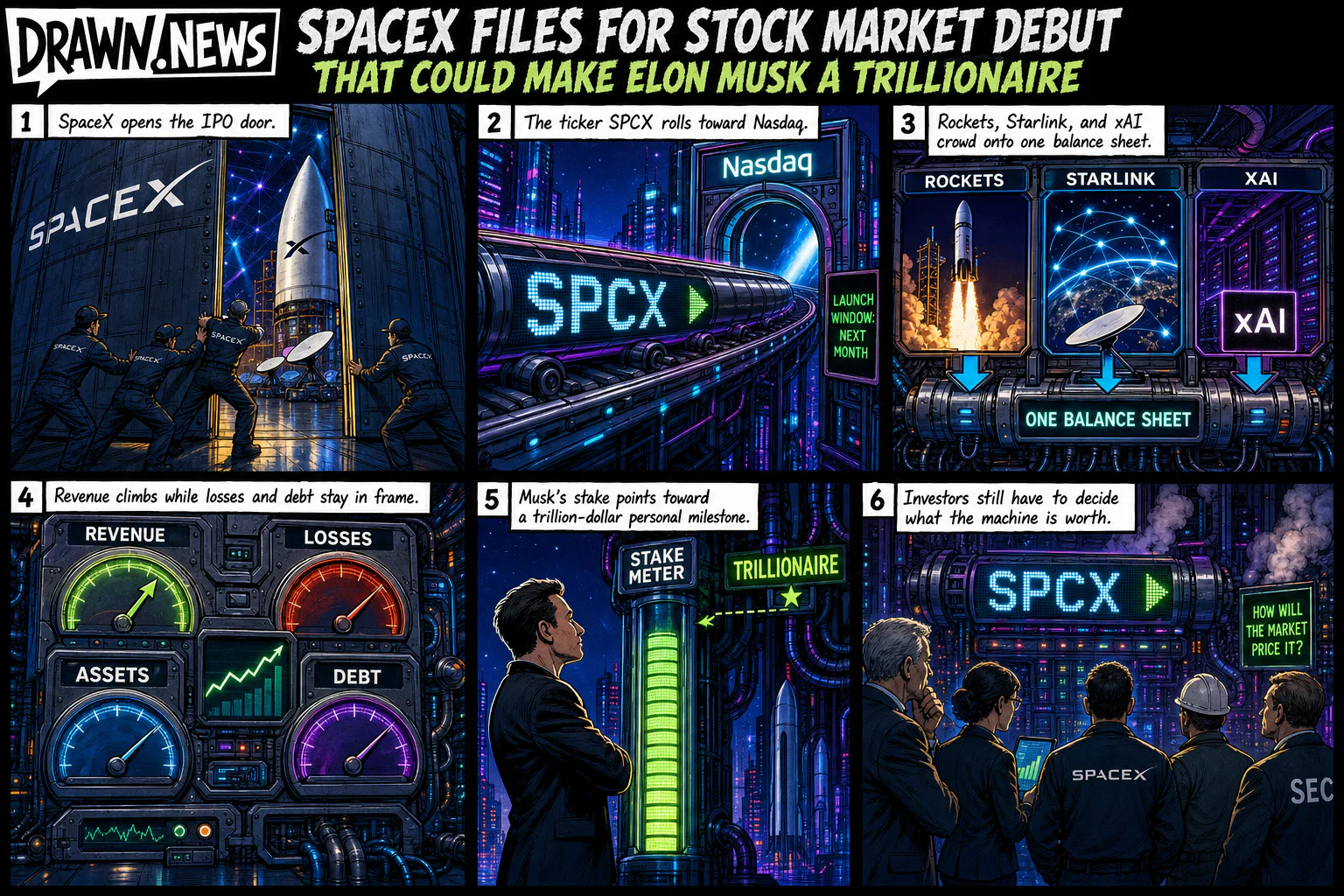 Drawn.News visual brief: SpaceX files for stock market debut that could make Elon Musk a trillionaire