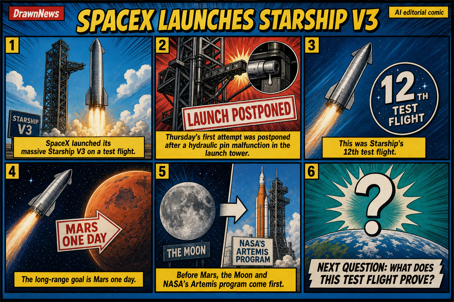 Drawn.News visual brief: SpaceX launches massive Starship V3 rocket on test flight