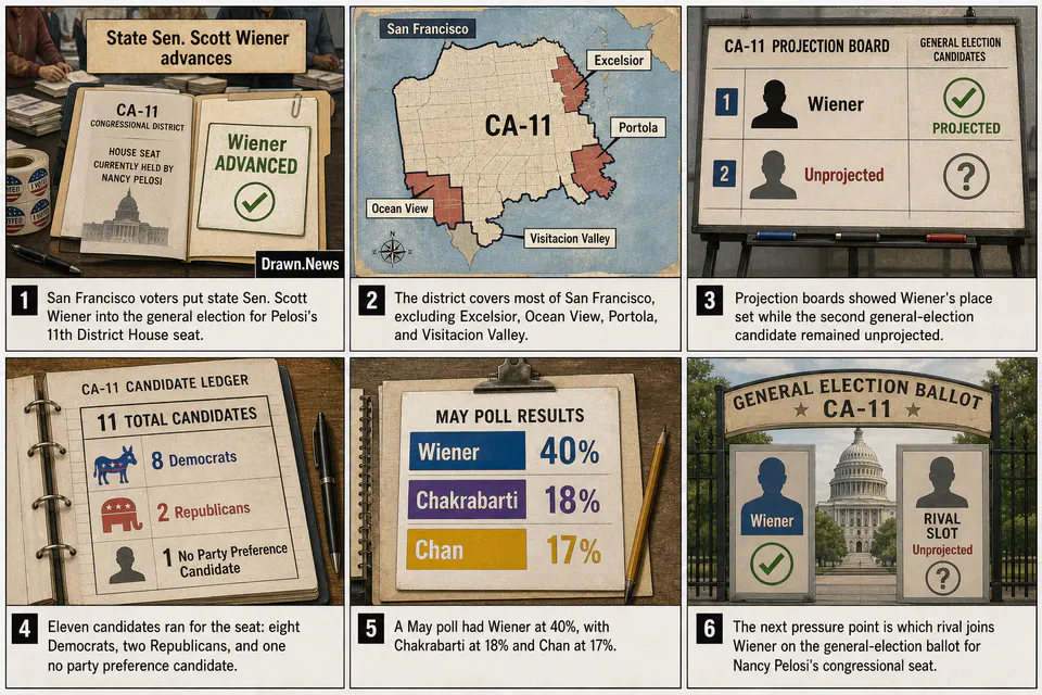 Drawn.News visual brief: Wiener advances in race for Pelosi's Congress seat