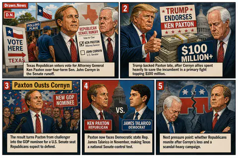 Drawn.News visual brief: Texas Republicans nominate Ken Paxton for Senate seat, ousting incumbent John Cornyn