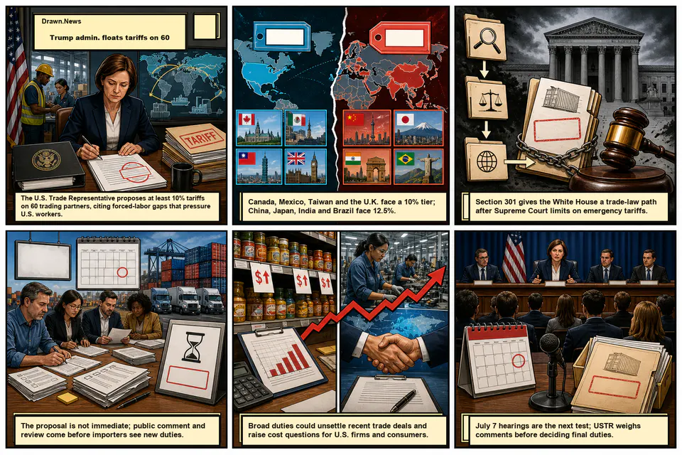 Drawn.News visual brief: Trump admin. floats tariffs on 60 trading