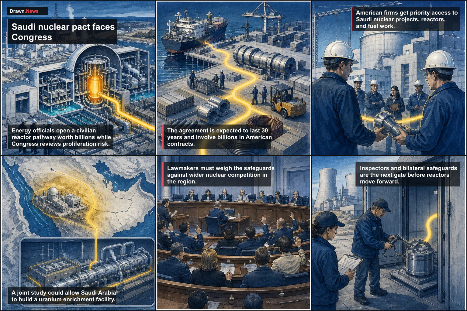 Drawn.News visual brief: U.S. signs Saudi nuclear pact as enrichment safeguards head to Congress