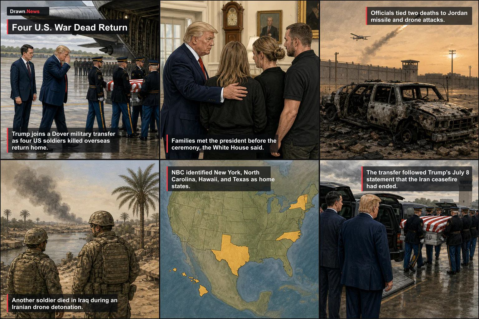 Drawn.News visual brief: Trump Attends Dover Transfer as Four U.S. War Dead Return