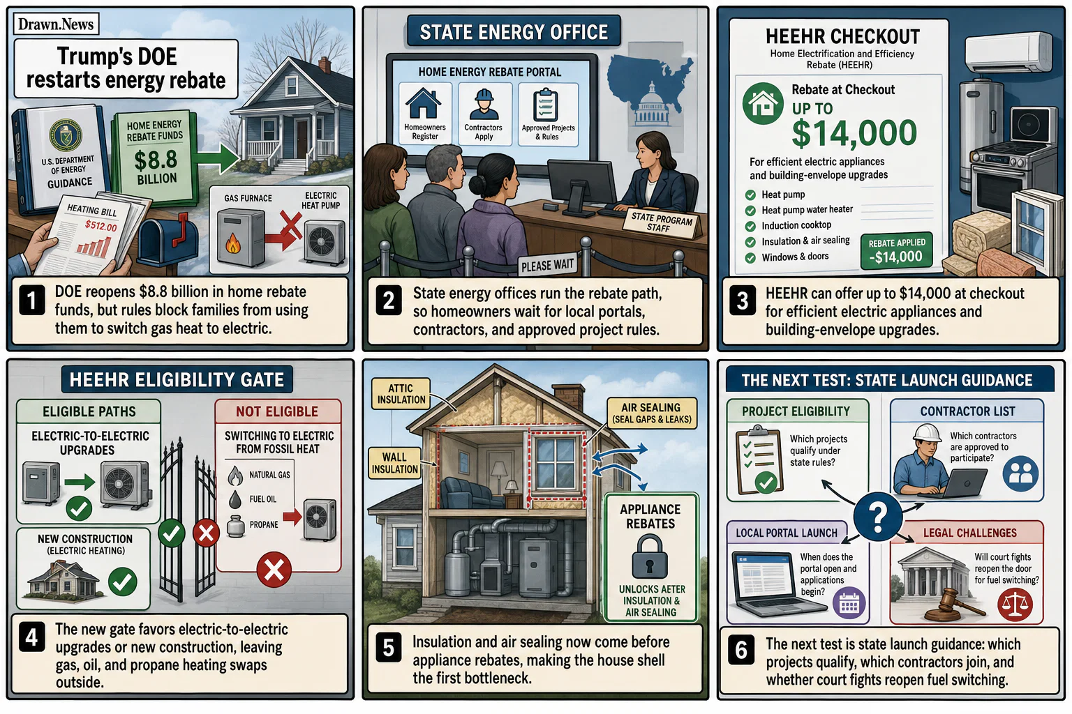 Drawn.News visual brief: Trump's DOE restarts energy rebate program with restrictive conditions