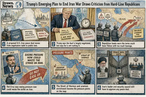 Drawn.News visual brief: Trump's emerging plan to end Iran war draws criticism from hard-line Republicans
