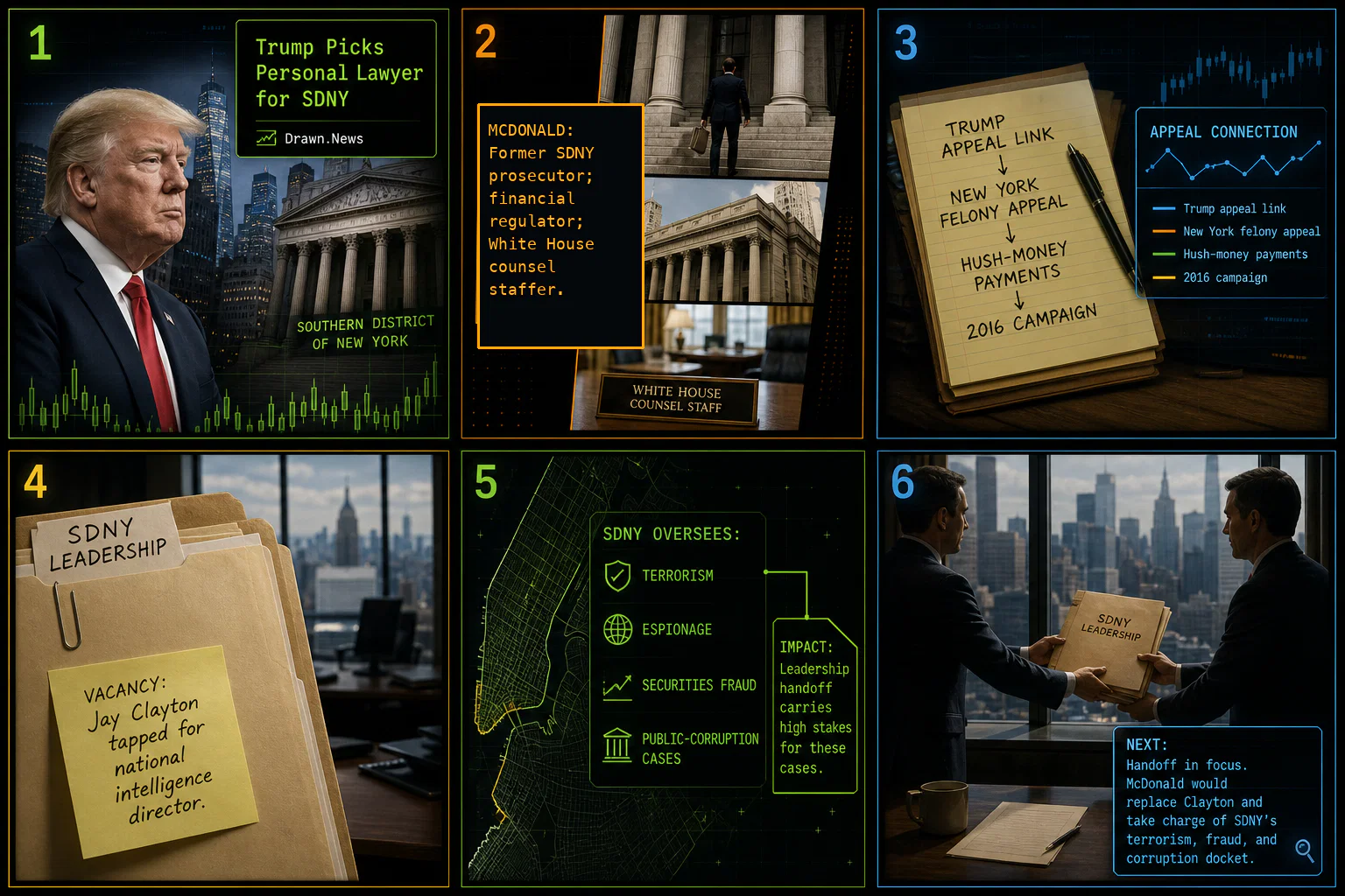 Drawn.News visual brief: Trump Picks Personal Lawyer to Run SDNY Prosecutors