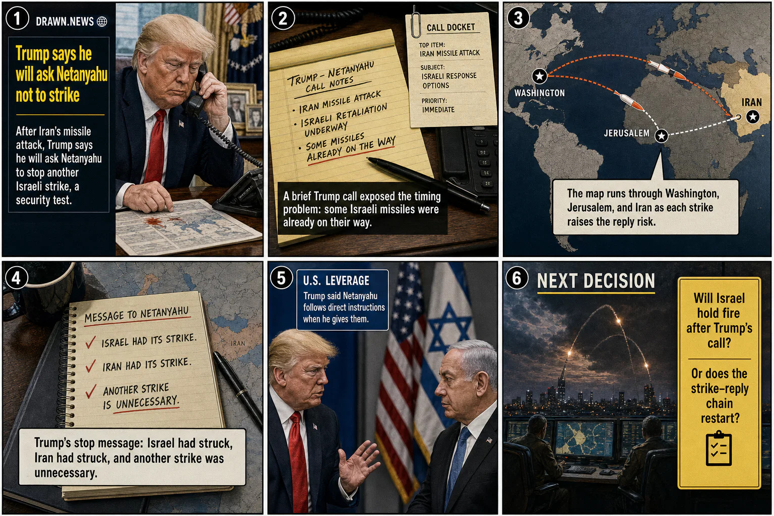 Drawn.News visual brief: Trump asks Netanyahu not to strike back at Iran