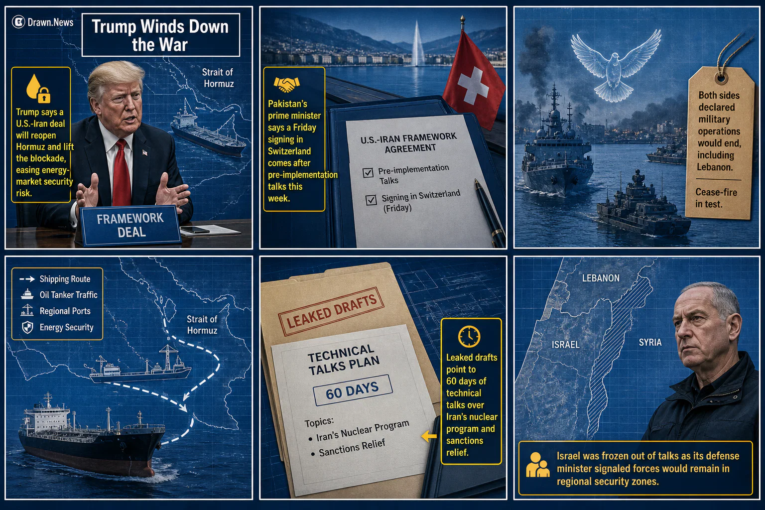 Drawn.News visual brief: Trump Winds Down the War He Started With Goals Unmet