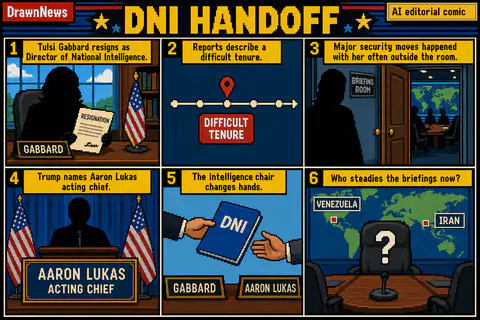 Drawn.News visual brief: Tulsi Gabbard Resigns as Director of National Intelligence. Trump Names Aaron Lukas Acting Chief.