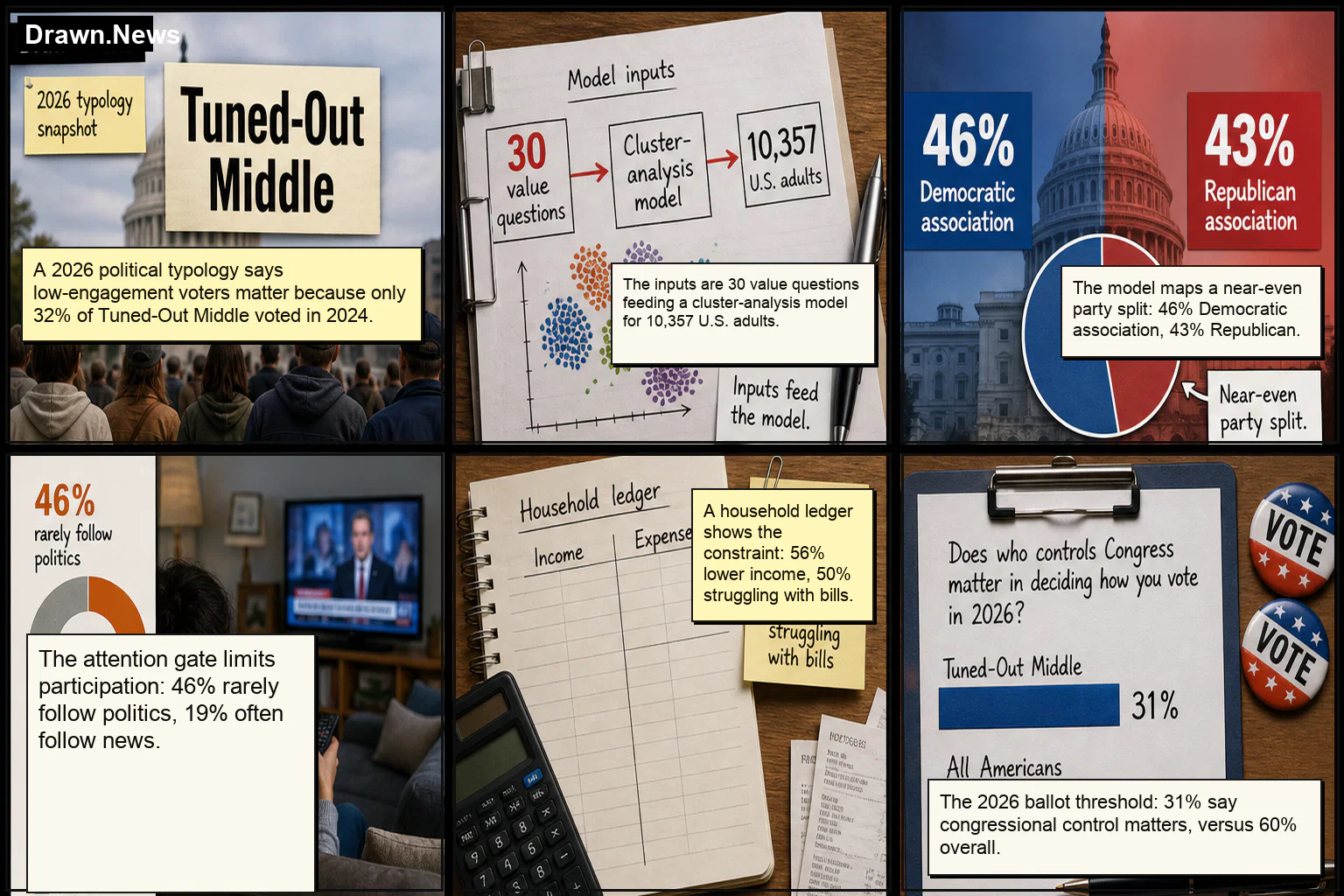 Drawn.News visual brief: Tuned-Out Middle Voting Gap