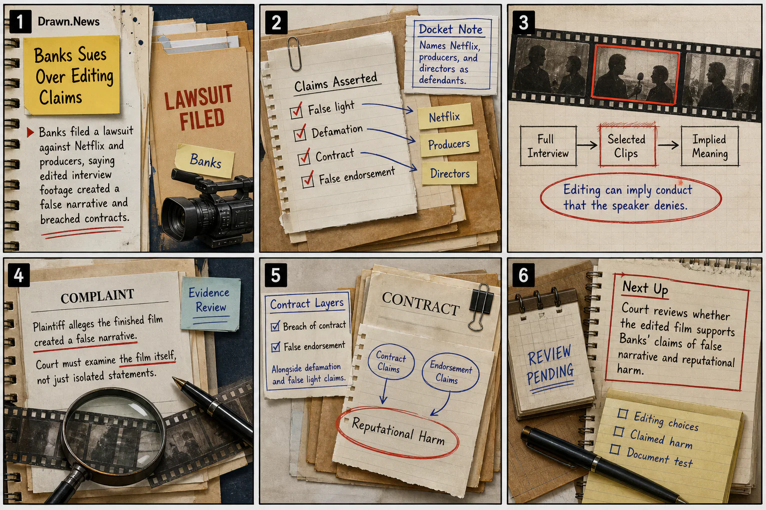 Drawn.News visual brief: Banks Sues over Documentary Editing Claims