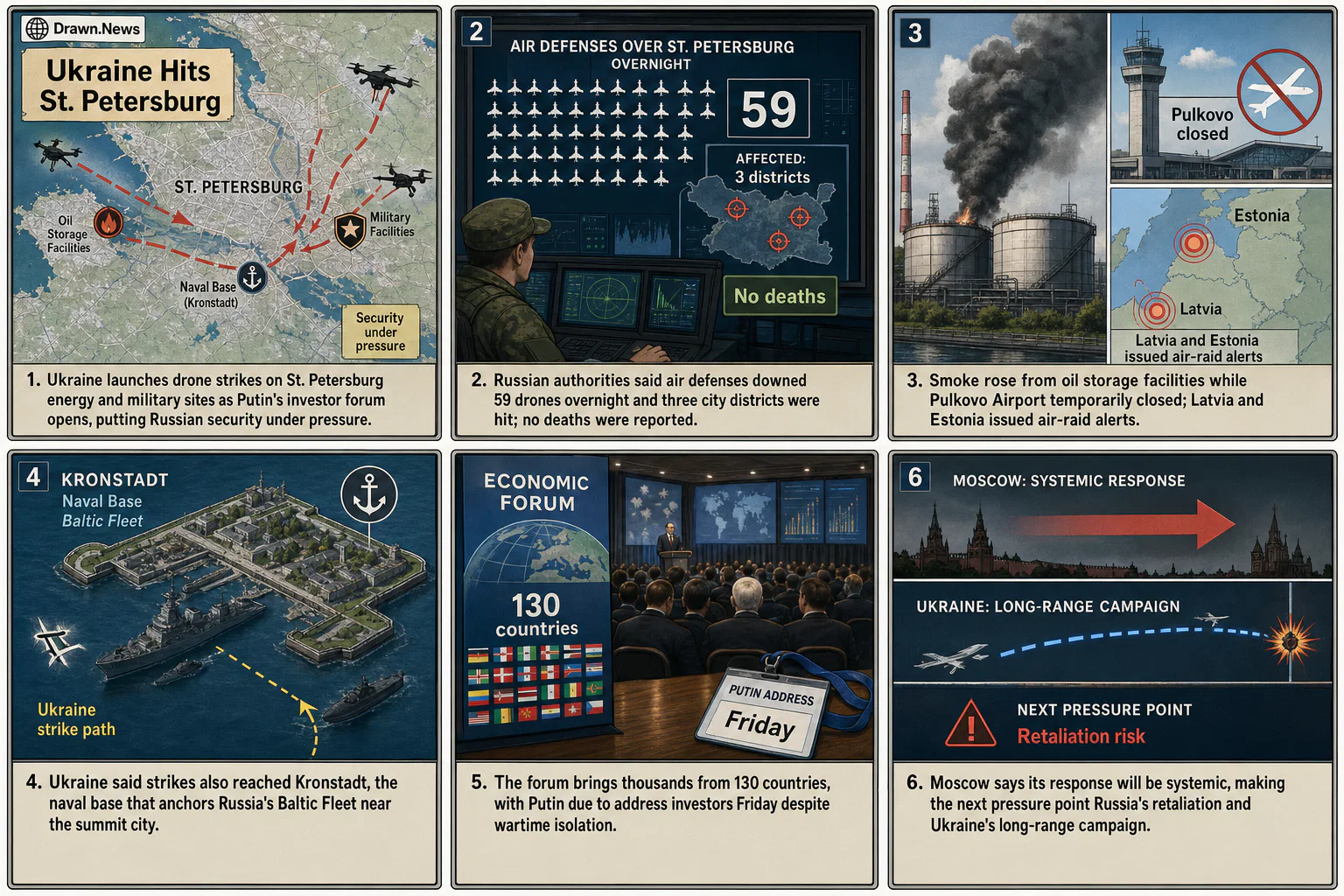 Drawn.News visual brief: Ukraine Hits St. Petersburg With Massive Wave of Drones