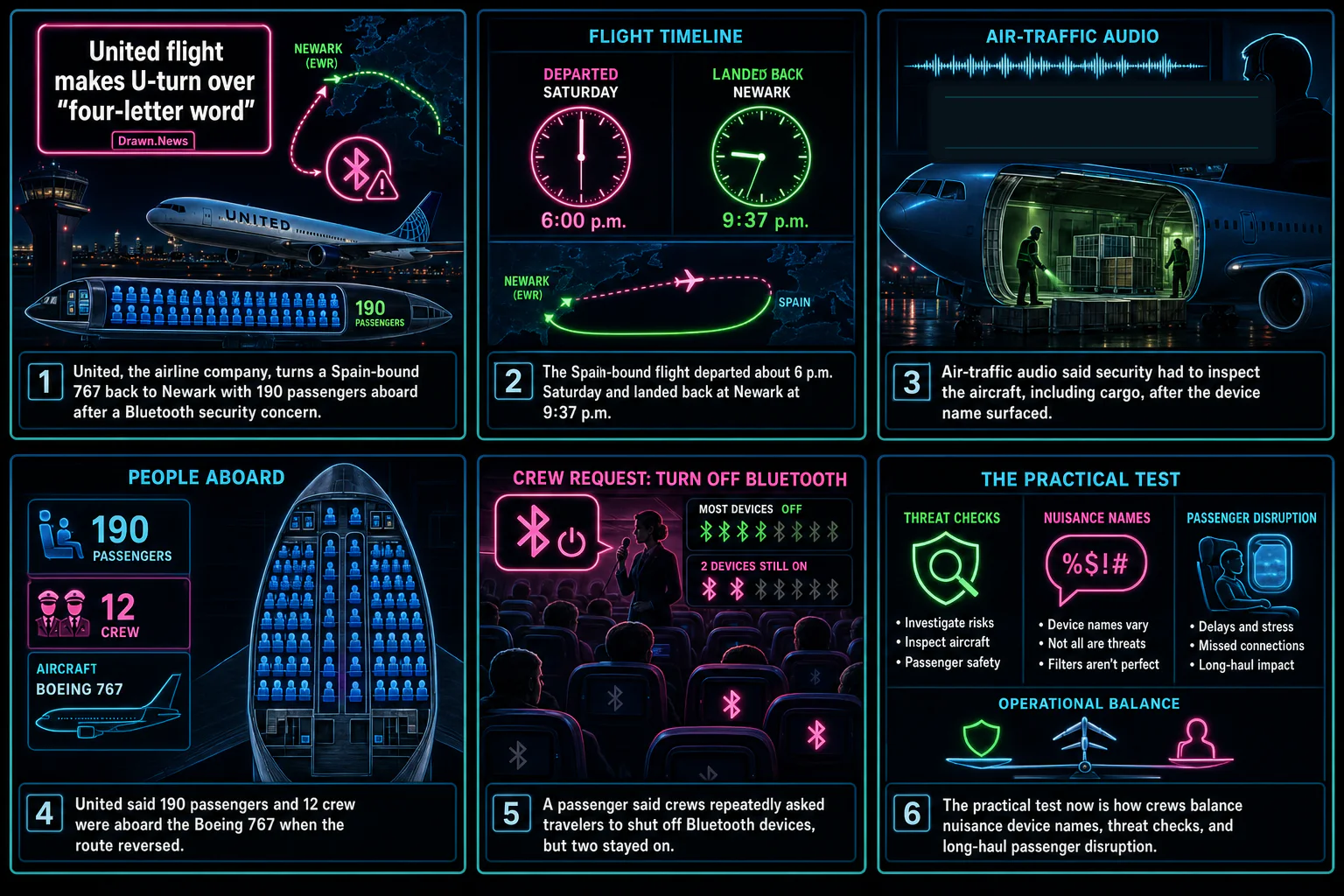Drawn.News visual brief: United flight makes U-turn over "four-letter word" Bluetooth device