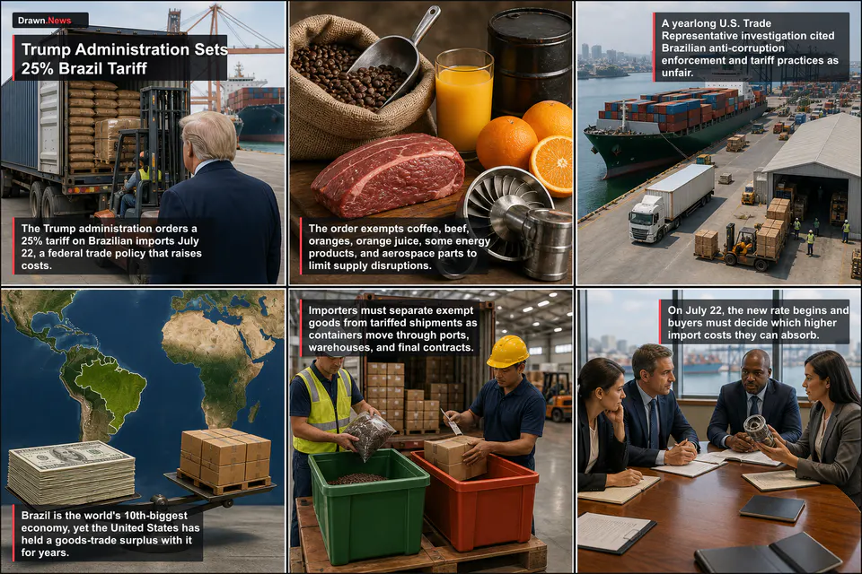 Drawn.News visual money: Trump Administration Sets 25% Brazil Tariff