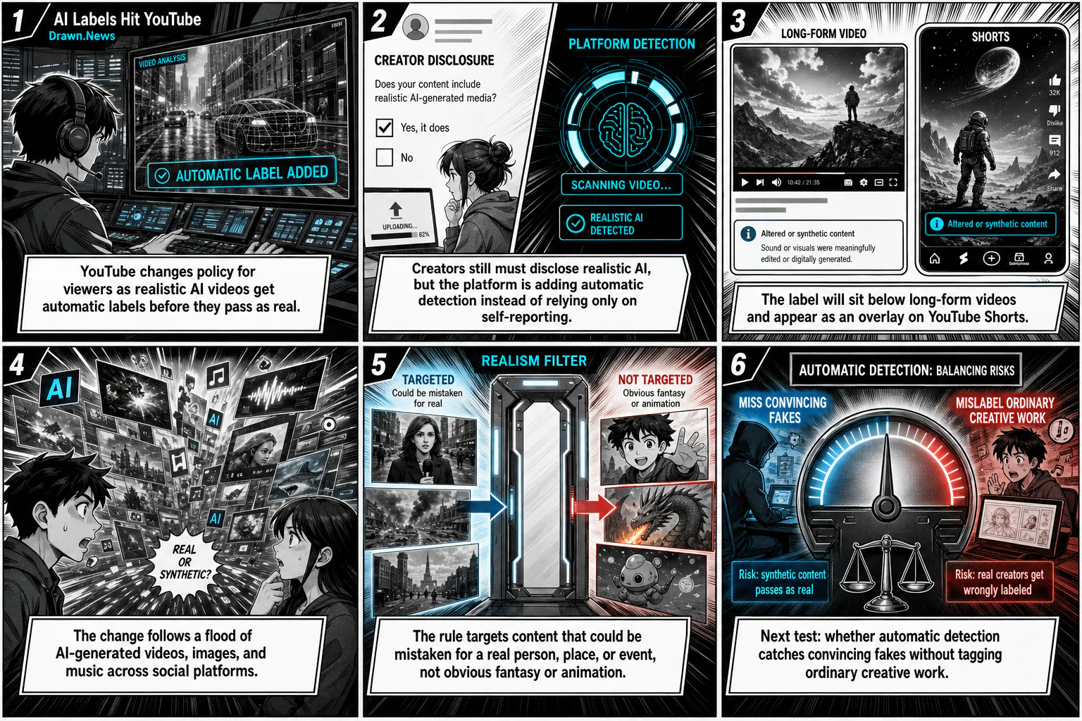 Drawn.News visual brief: YouTube taking steps to make clear when realistic videos are made by AI