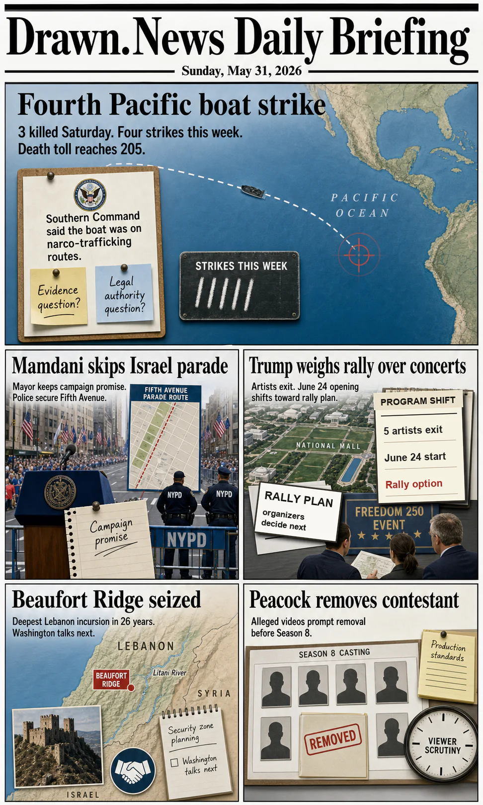 Drawn.News daily briefing front page for Sunday, May 31, 2026