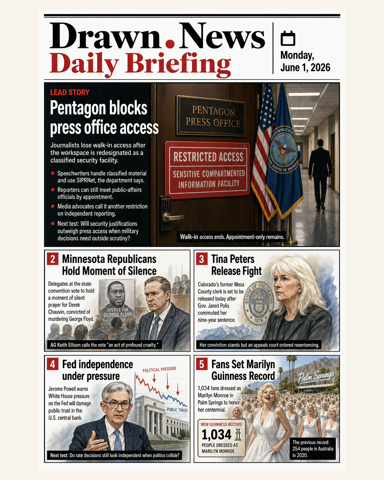 Drawn.News daily briefing front page for Monday, June 1, 2026
