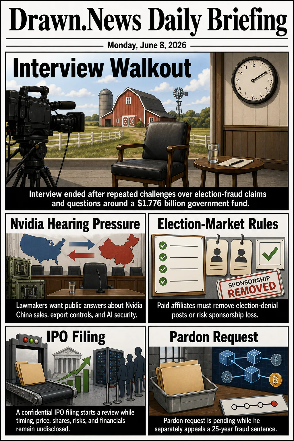 Drawn.News daily briefing front page for Monday, June 8, 2026