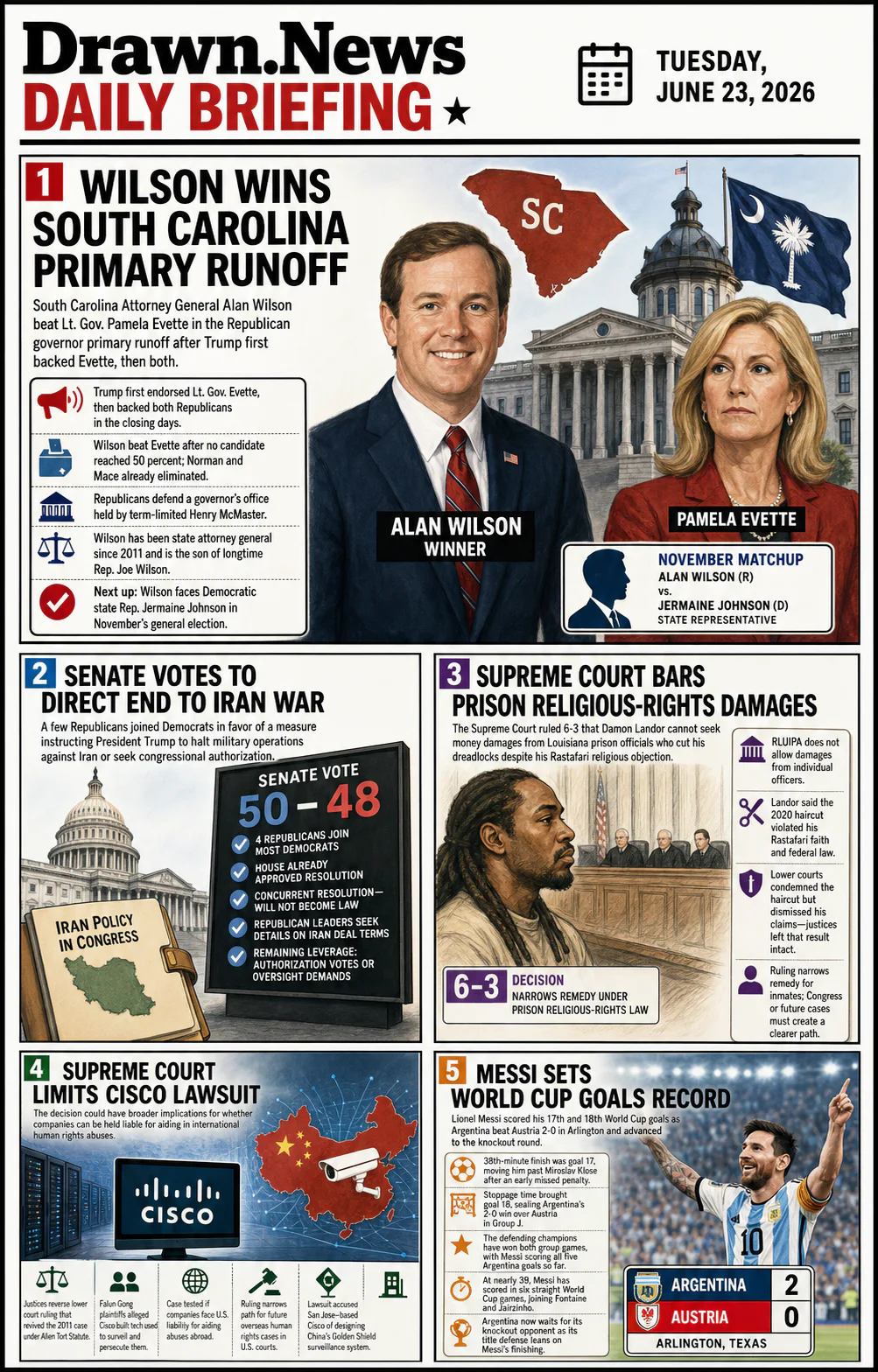 Drawn.News daily briefing front page for Tuesday, June 23, 2026