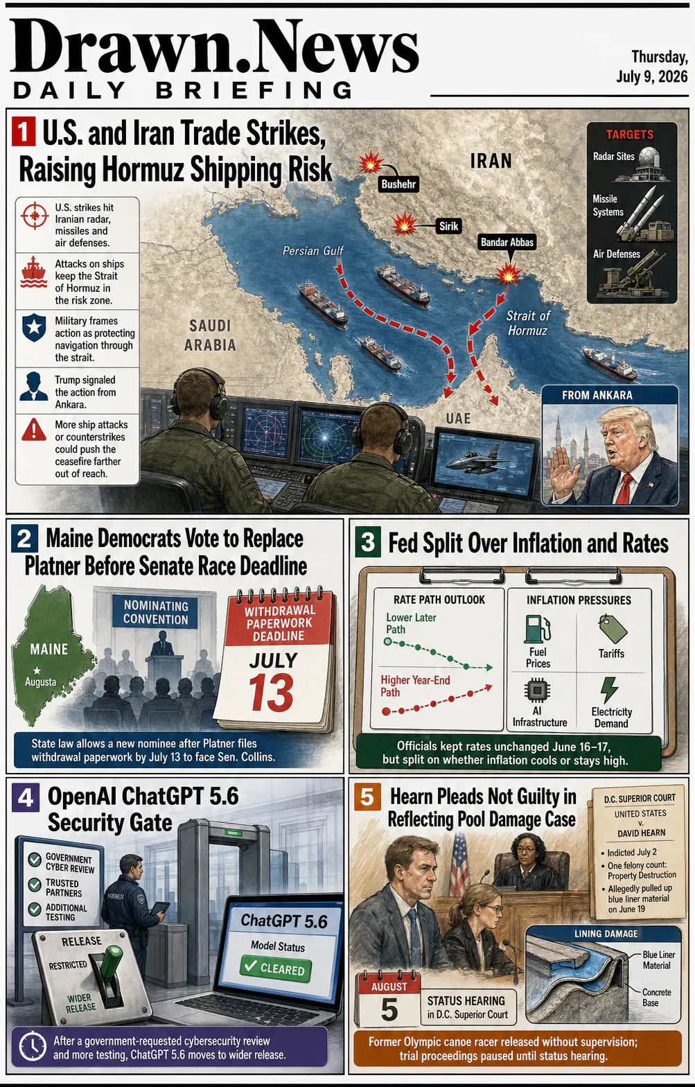 Drawn.News daily briefing front page for Thursday, July 9, 2026
